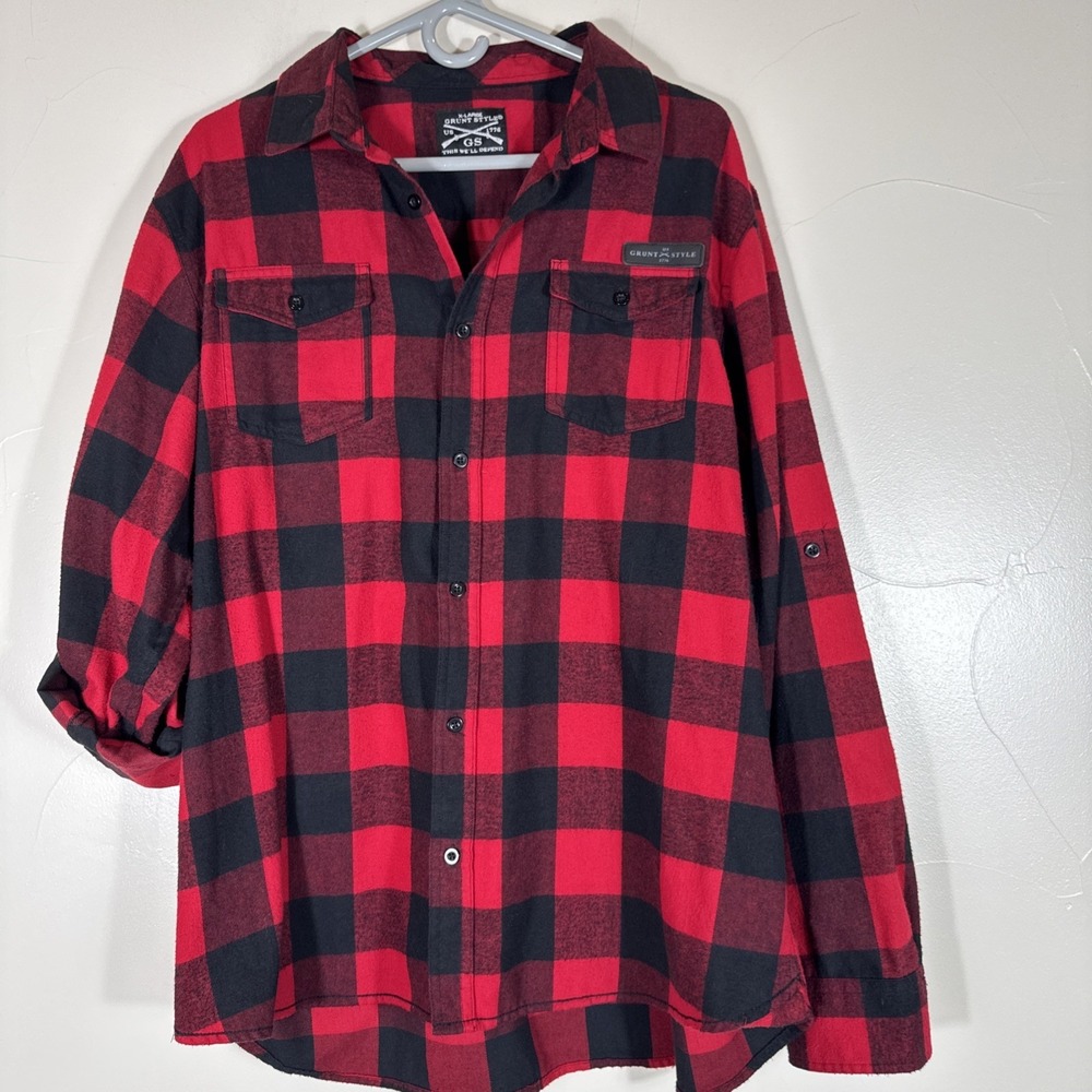 Grunt Style Shirt Mens XL Red Buffalo Plaid Flannel Long Sleeves Button Up